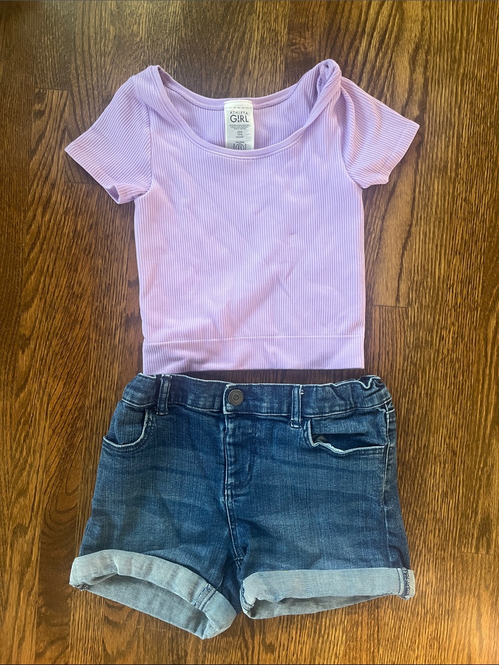 Athleta Lavender Ribbed Short Sleeve Crop Top with Denim Shorts Bundle